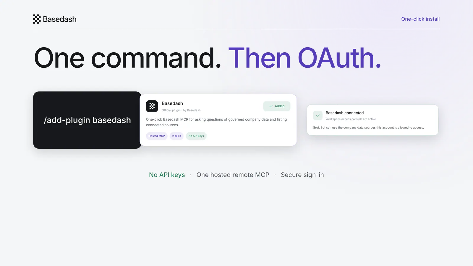 Add Basedash from Plugins, then connect through OAuth with no API keys.