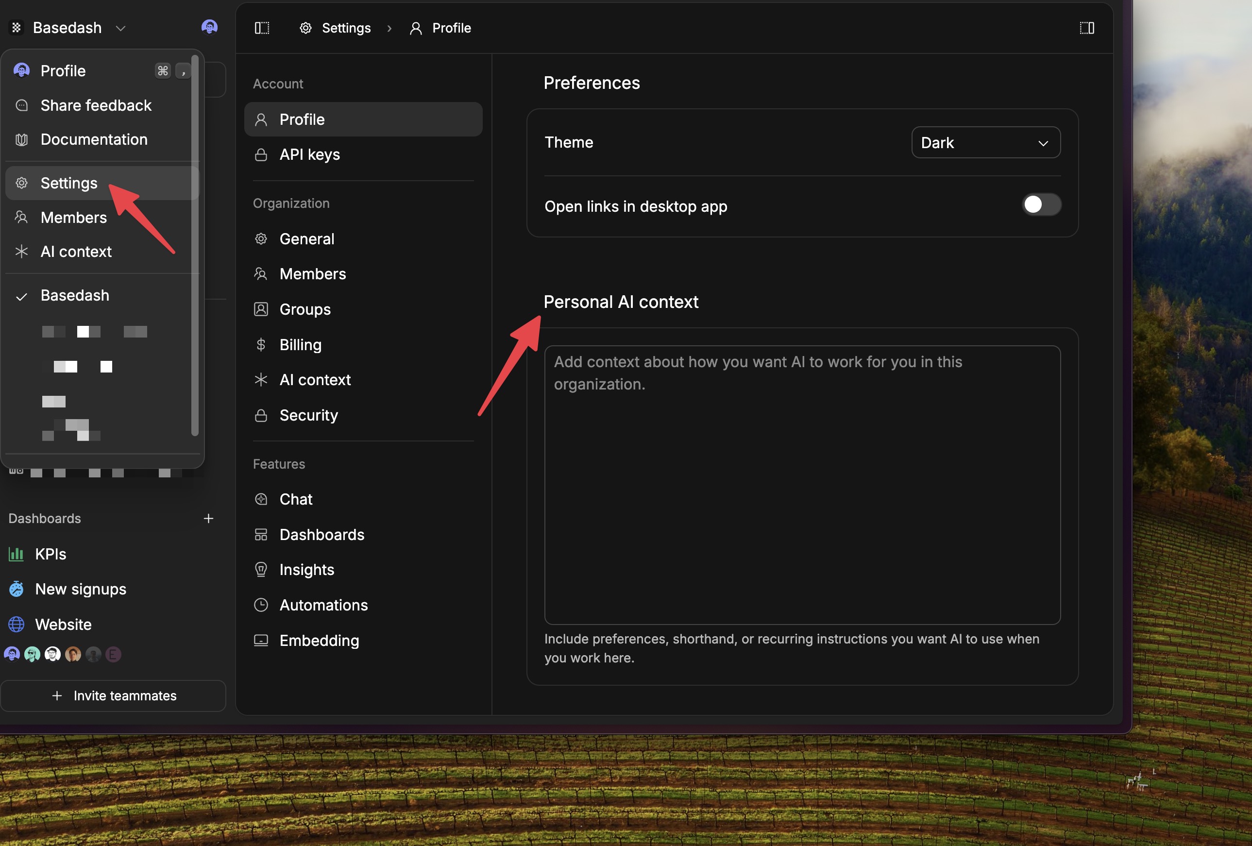 Profile settings showing personal AI context